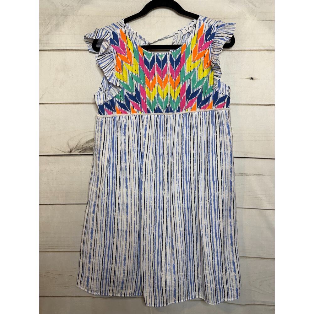 THML Multicolor Chevron Bodice Blue & White Striped Maxi Dress with Ruffles